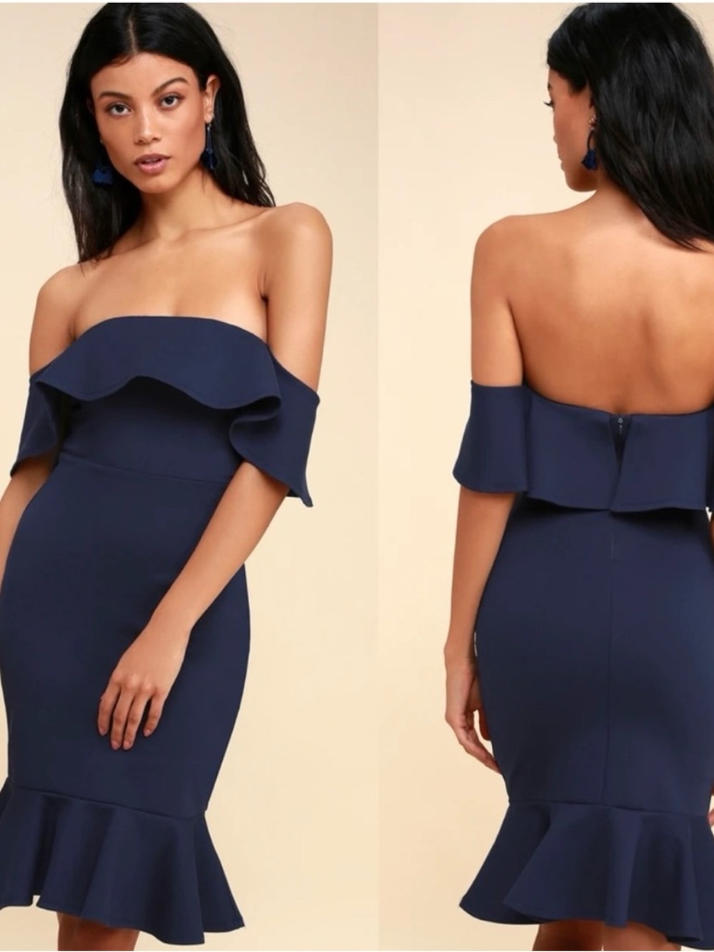 Lulu's Navy Off-Shoulder Ruffle Sheath Dress